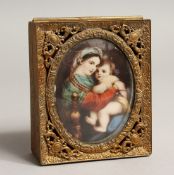A FRENCH GILDED METAL AND PORCELAIN JEWEL BOX AND COVER, the lid with Madonna and child 4ins x