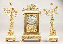 A VERY GOOD LOUIS XVITH STYLE WHITE MARBLE ONYX THREE PIECE CLOCK GARNITURE, the clock by LEFELVE