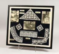 SIX PIECES OF FINE WHITE LACE COLLARS, framed and glazed, from Bruges, with three photographs. 16.