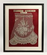 A VERY GOOD 18TH CENTURY WHITE LACE, app. d' Angleterre, framed and glazed. 18.5ins x 14.5ins.