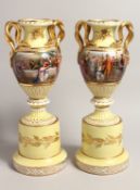 A VERY GOOD PAIR OF 19TH CENTURY YELLOW GROUP VIENNA TWO HANDLED URNS AND STANDS, with snake handles
