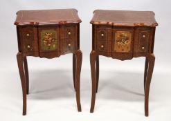 A PAIR OF FRENCH STYLE MAHOGANY AND INLAID TWO DRAWER SIDE TABLES. 1ft 7ins wide x 2ft 6ins high.