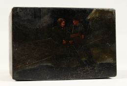 A RUSSIAN LACQUER BOX, the hinged lid with seated figures. 6ins.