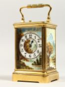 A VERY GOOD 19TH CENTURY FRENCH REPEATER CARRIAGE CLOCK with two painted porcelain panels and face