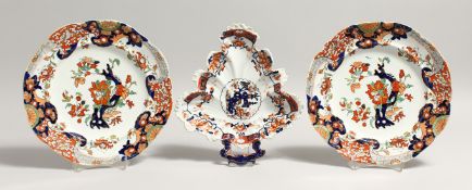 A PAIR OF MASONS IRONSTONE PLATES, together with similar leaf shape dish. Plates 10ins diameter (