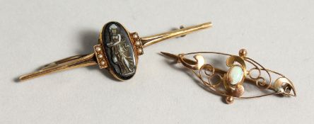 TWO GOLD EDWARDIAN BAR BROOCHES.