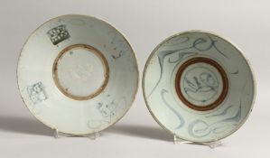 TWO ASIAN BLUE AND WHITE DISHES 9ins diameter.