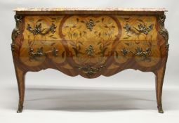 A VERY GOOD LARGE LOUIS XVIth DESIGNKIINGWOOD AND MARQUETRY TWO DRAWER BOMBE COMMODE with marble top