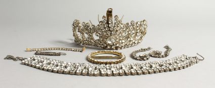 A DECORATIVE BASE METAL AND PASTE SET TIARA, together with a similar choker, two brooches and a pair