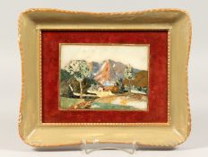 AN ITALIAN PIETRA DURA PICTURE OF A COTTAGE IN A MOUNTAINOUS LANDSCAPE, mounted in a red velvet