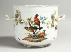 A 19TH CENTURY AUGUSTUS REX TWO HANDLED JARDINERE painted with birds and encrusted with flowers Mark