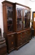 A GOOD GEORGE III DESIGN INLAID MAHOGANY BREAKFRONT BOOKCASE