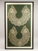 TWO LARGE FINE LACE COLLARS, framed and glazed. 36ins x 20inS.