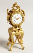A 19TH CENTURY FRENCH GILT METAL MINIATURE CLOCK with scrolls and cherubs, drum movement on four