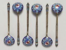 A SET OF SIX RUSSIAN SILVER AND ENAMEL SPOONS Mark 84 AA 4.5ins long