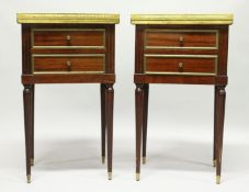 A PAIR OF FRENCH MAHOGANY BEDSIDE TABLES with brass galleried marble tops over a pair of drawers