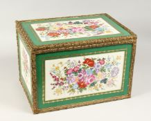 A GOOD SEVRES DESIGN RECTANGULAR CASKET painted with three floral porcelain panels 15.5ins wide,