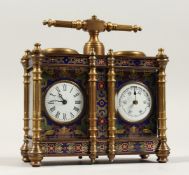 A BRASS AND ENAMEL DOUBLE CARRIAGE CLOCK