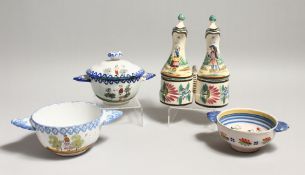 A QUIMPER, SMALL, TWO HANDLED BOWL, painted with a woman standing among flowers, together with a