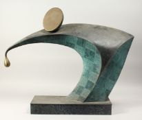 A LARGE ABSTRACT BRONZE,scrolling form on a rectangular base. 26ins.