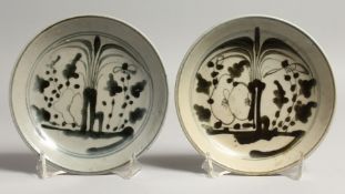 TWO SMALL CARVED BLUE AND WHITE CIRCULAR DISHES. 5ins diameter.