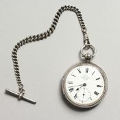 A SILVER POCKET WATCH and chain by DENT.