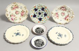A PAIR OF 19TH CENTURY CREAMWARE PLATES, with blue flowers and borders, two floral decorated