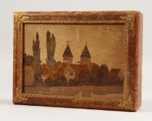 A LEATHER JEWELLERY BOX WITH MARQUETRY TOP 8.5ins wide.