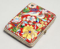 A VERY GOOD RUSSIAN SILVER ENAMEL CIGARETTE CASE with colourful flowers 3.5ins x 2.5ins, mark; 84,