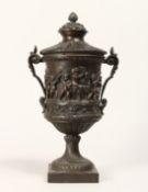 A VERY GOOD 19TH CENTURY TWO HANDLED CLASSICAL URN AND COVER on a square stand decorated with a band