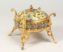 A SUPERB BARBEDIENNE ORMOLU AND CLOISONNE CIRCULAR BOWL AND COVER on four curving legs 5.5ins