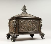 A SUPERB 19TH CENTURY ITALIAN STEEL RENAISSANCE RIVIVAL CASKET, of sarcophagas form, the hinged