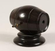 A TREEN BARREL SHAPED COTTON HOLDER.