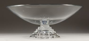 MIKASA ELITE. A large circular plain glass pedestal bowl in original box. 14ins diameter.