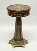 A FRENCH STYLE MAHOGANY AND MARQUETRY DRUM TABLE, on a tapering hexagonal support with shaped base.