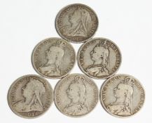 SIX VICTORIAN SILVER HALF CROWNS
