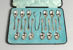 A SET OF TWELVE TRIFID END TEA SPOONS AND SUGAR TONGS by Walker & Hall, Sheffield,1931, in a