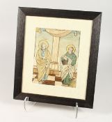 AN 18TH CENTURY SILKWORK FRAMED PICTURE OF TWO SAINTS 9ins x 7.25ins.