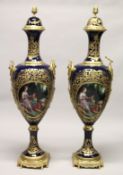 A LARGE PAIR OF PORCELAIN AND ORMOLU URNS ON STANDS in the Sevres style, decorated with panels of