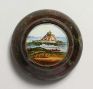 A SERPENTINE PAPERWEIGHT painted with St. Michael's Mount. 3ins diameter.