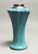 AN ART DECO POTTERY VASE with silver rim 8ins high.