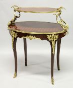 A FRENCH STYLE MAHOGANY AND ORMOLU MOUNTED TWO TIER ETAGERE on cabriole legs. 2ft 8ins wide x 3ft