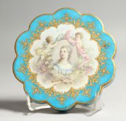 A 19TH CENTURY SEVRES DISH painted with a portrait of Madame Du Barry. 5.5ins