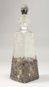 AN ETCHED, TAPERING, SILVER MOUNTED, DUTCH BOTTLE AND STOPPER.
