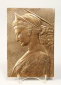 A GILDED RELIEF CAST BRONZE PLAQUE of a portrait of a classical young lady 8.5ins high x 6ins wide.