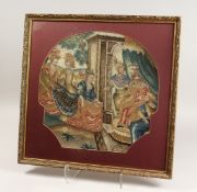 A GOOD FRAMED AND GLAZED 18TH - 19TH CENTURY BRUSSELS NEEDLEWORK TAPESTRY of a king, queen and