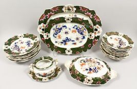 A MASONS IRONSTONE PART SERVICE, with green ground borders, gilt and floral decoration comprising: