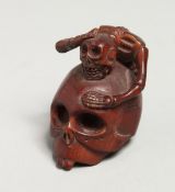 A SMALL JAPANESE CARVED WOOD SKULL NETSUKE Signed 2.25ins
