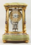 A GOOD 19TH CENTURY ONYX AND CHAMPLEVE ENAMEL FOUR GLASS CLOCK with column supports ad serpentine