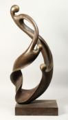 A LARGE ABSTRACT BRONZE, scrolling form on a rectangular base. 36ins high.